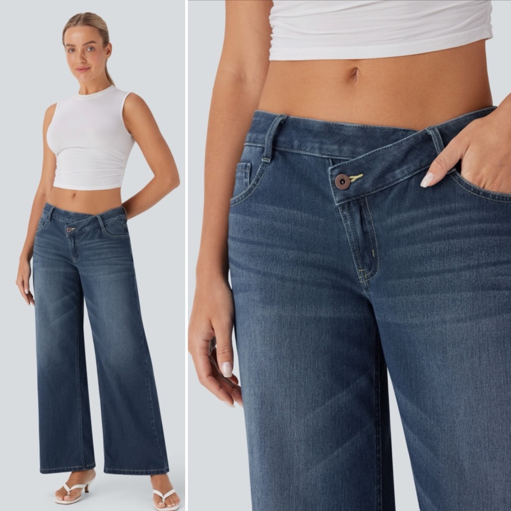 NWT Halara Flex Asymmetric Low Rise Wide Leg Jeans Cross Over Blue Denim Tall S